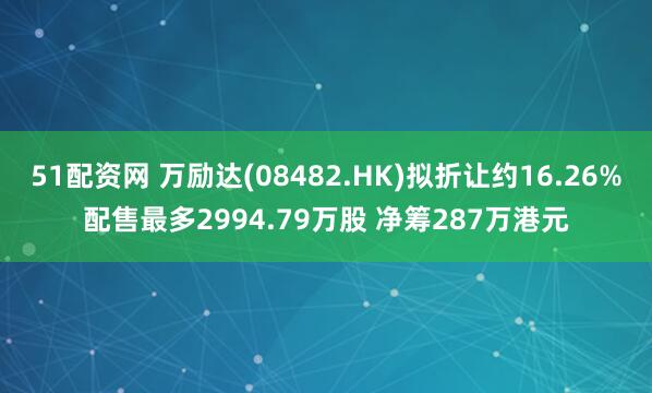 51配资网 万励达(08482.HK)拟折让约16.26%配售最多2994.79万股 净筹287万港元